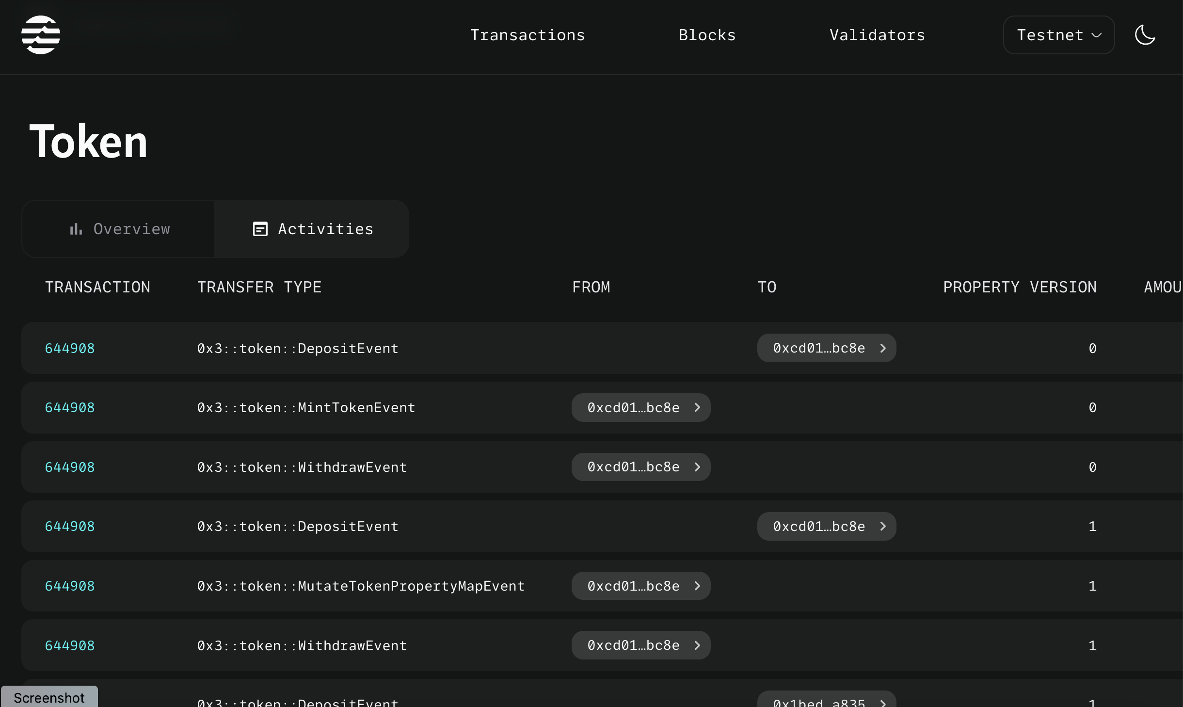 Jin Explorer Token Activities tab