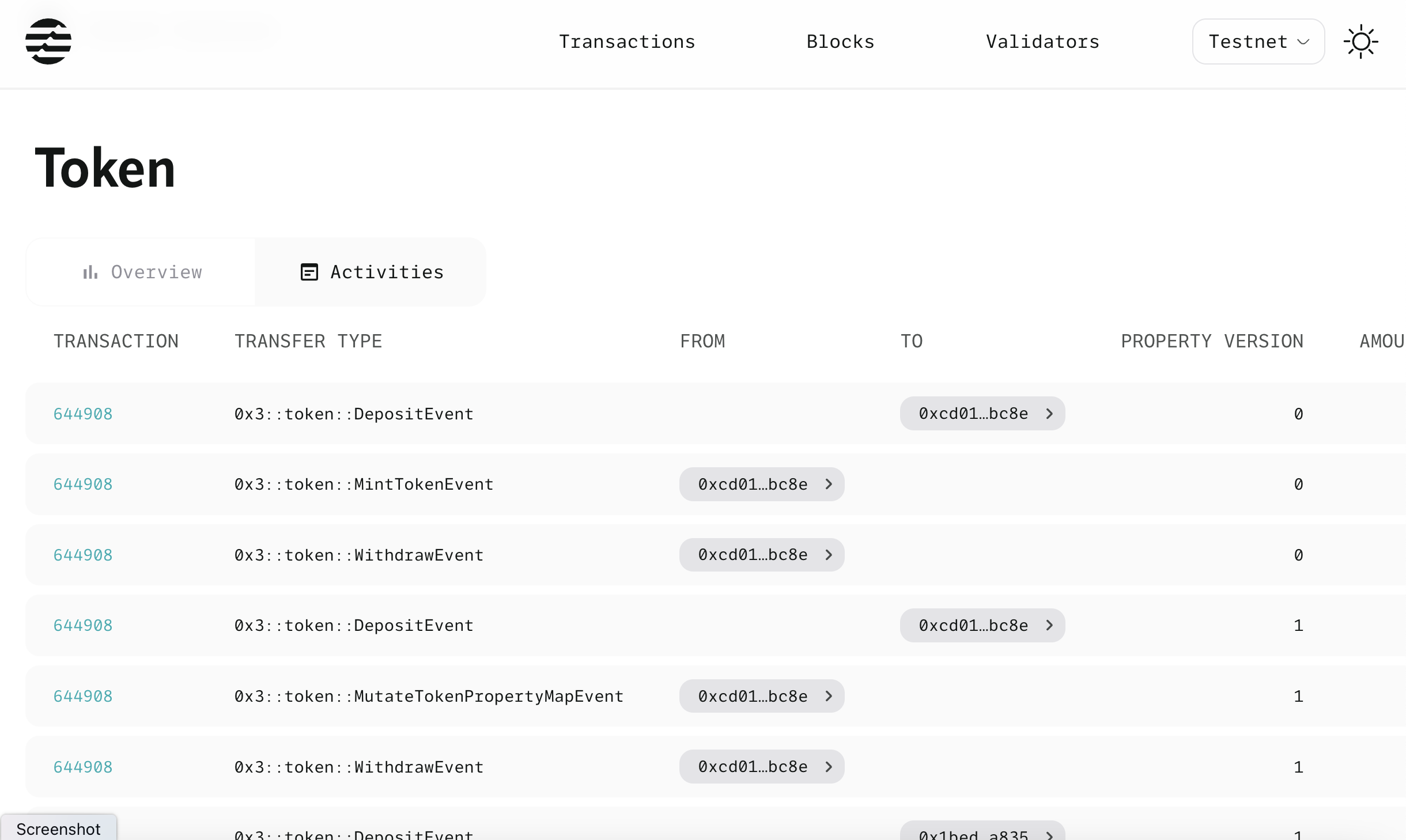 Jin Explorer Token Activities tab