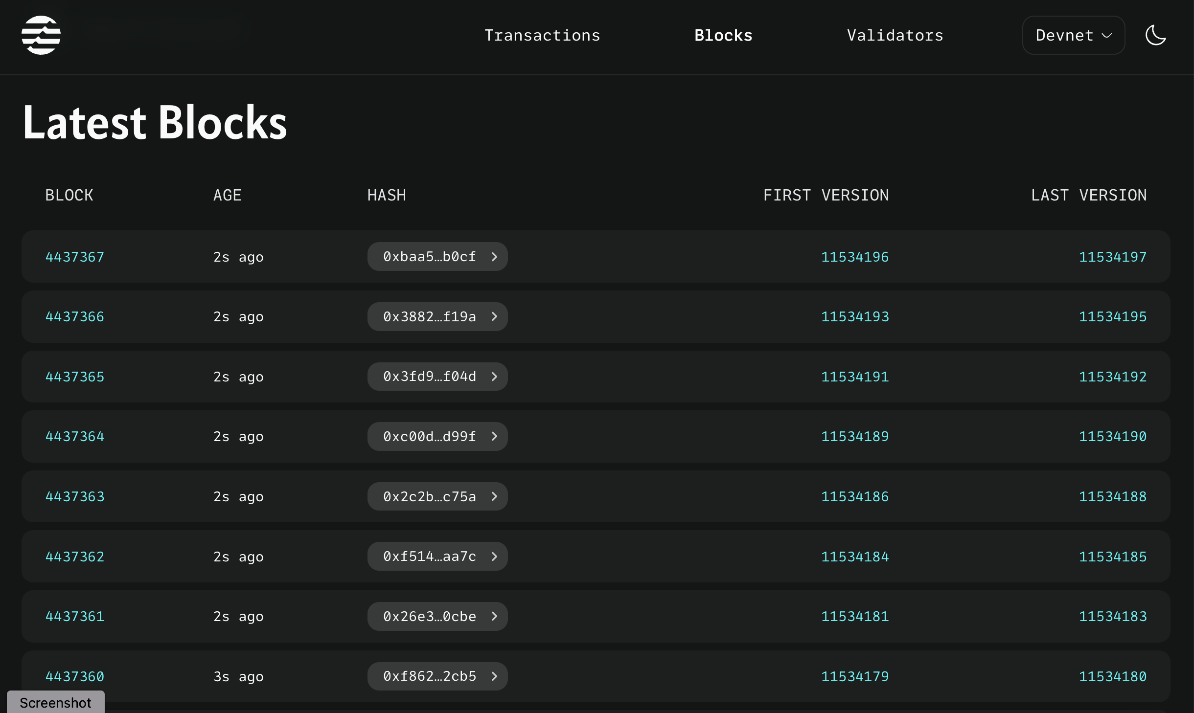 Jin Explorer Latest Blocks page