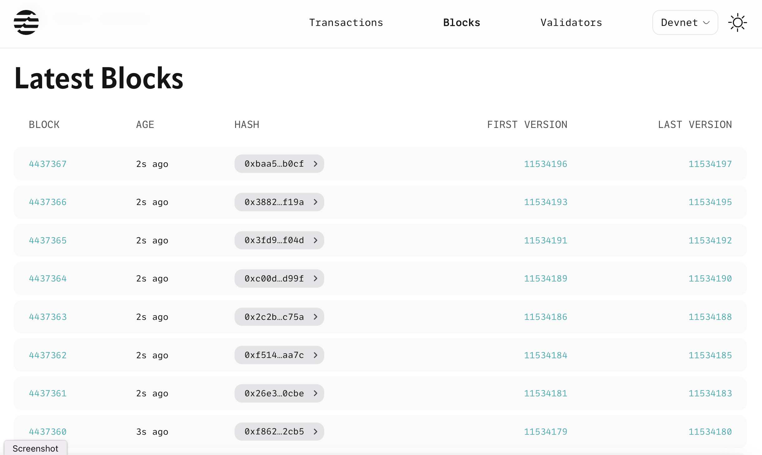 Jin Explorer Latest Blocks page